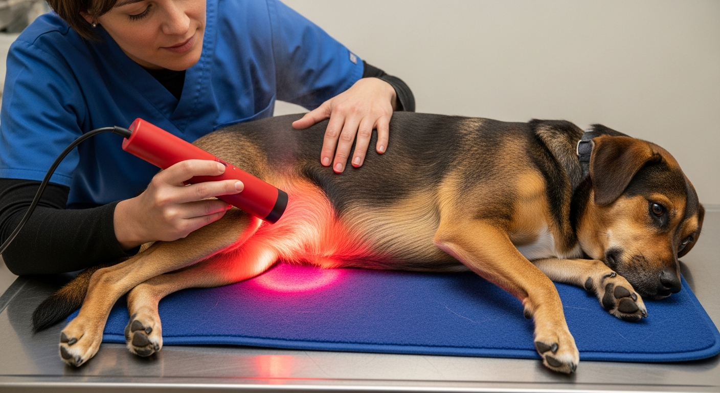 Veterinarian applying red light therapy to the hip of a calm rescue dog on an exam table