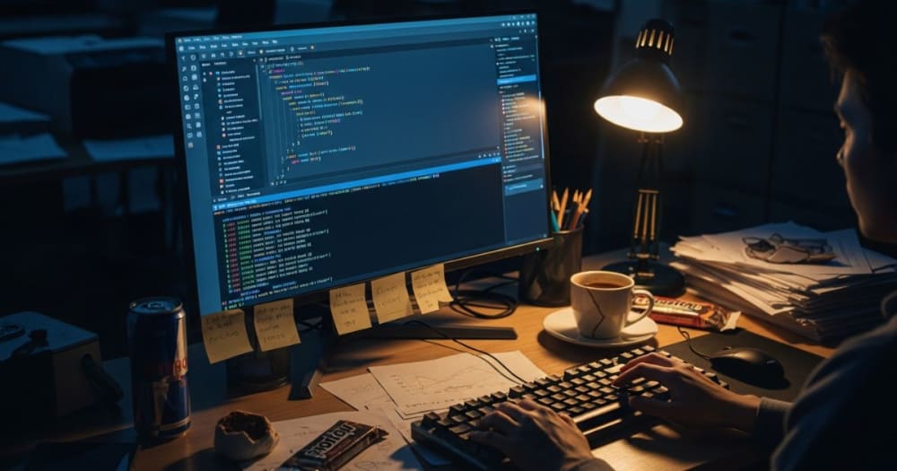 Bureau d'un employé utilisant un script RAG local Python pour automatiser l'analyse de documents tard le soir
