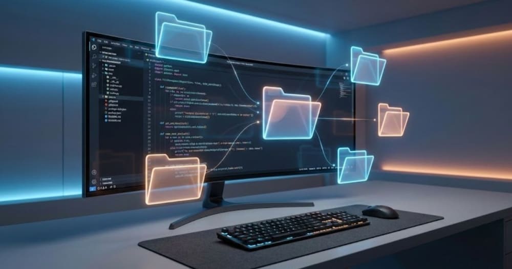 Écran d'ordinateur affichant un code Python pour renommer des fichiers avec des dossiers organisés en arrière-plan