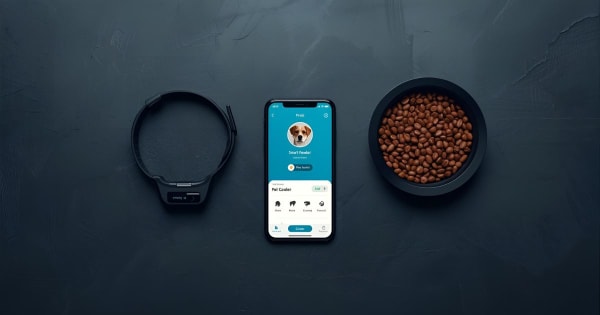 Smart pet technology gadgets including GPS collar and automatic feeder.