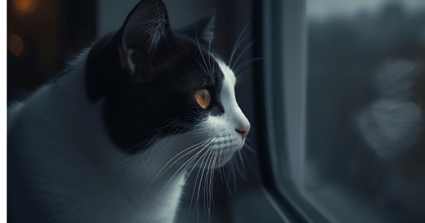 Black and white cat sitting on a windowsill looking outside.