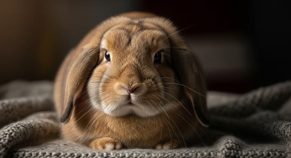Close up of a concerned fluffy rabbit looking into the camera