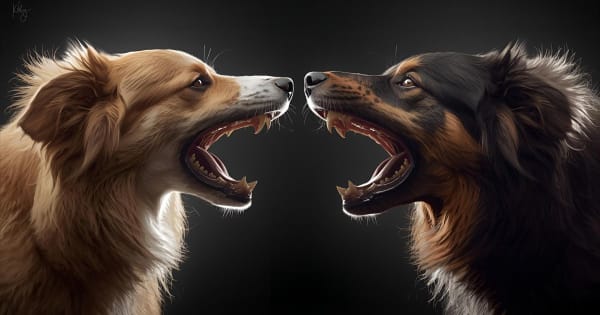 Two dogs barking at each other