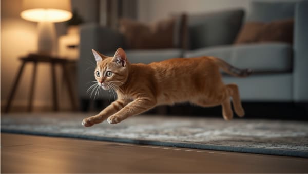 Orange tabby cat sprinting across a cozy living room during a burst of cat zoomies