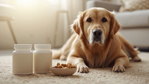 Senior golden retriever resting on a rug next to two bottles of dog joint supplement chews