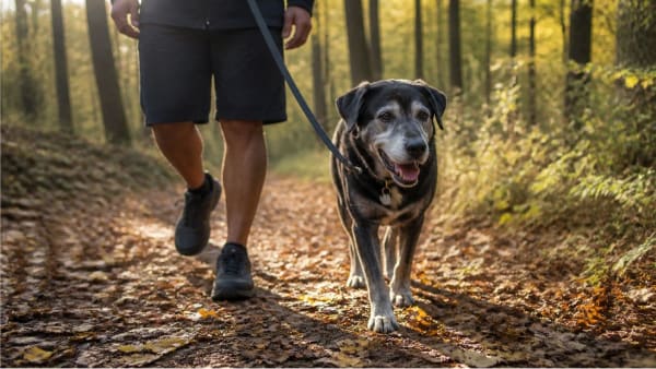 Exercise for dogs with arthritis: a grey-muzzled senior dog walking calmly on a leash along a soft forest path in autumn