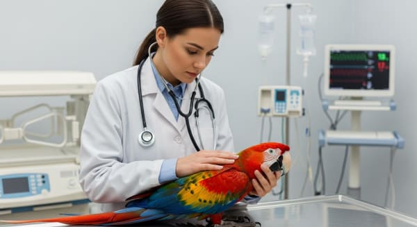 A professional exotic veterinarian examining a colorful macaw in a modern clinic