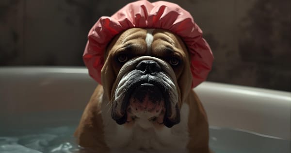 Grumpy bulldog wearing a shower cap sitting in a bathtub looking skeptical.