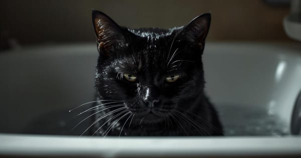 A soaking wet black cat in a bathtub looking absolutely murderous with flattened ears.