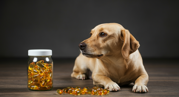 A dog laying next to a supplement bottles