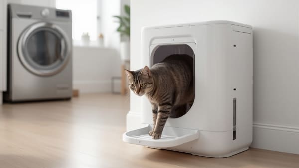 Best self-cleaning litter box: a tabby cat stepping out of a modern automatic litter box in a laundry room