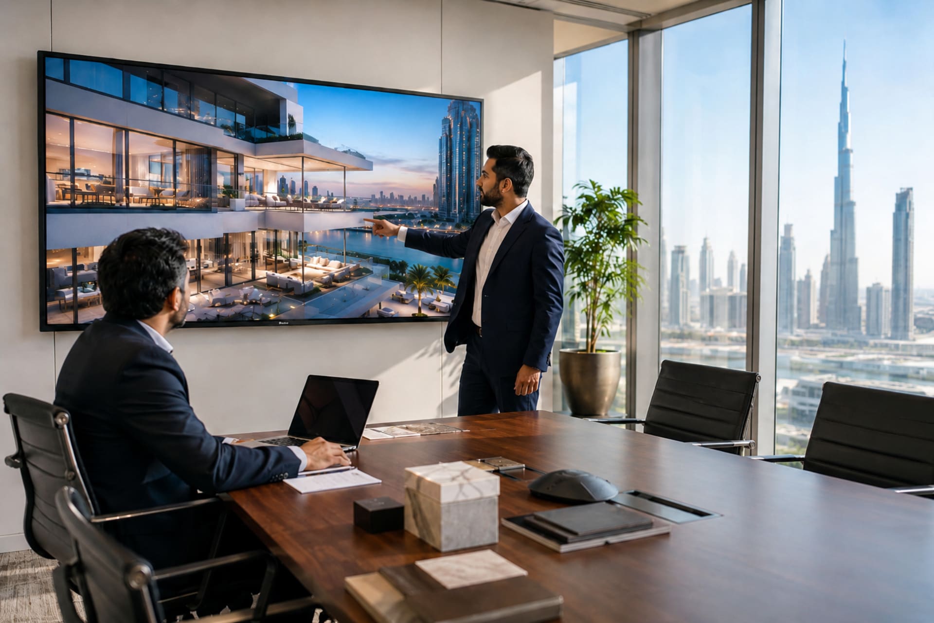 Developer team reviewing 3D property walkthrough Dubai off-plan project in office
