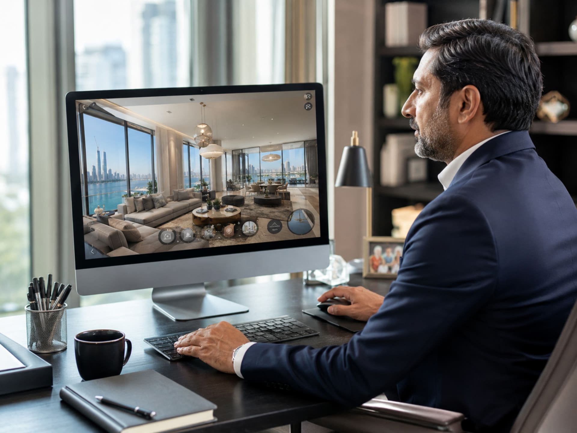 Overseas investor using 3D property walkthrough Dubai off-plan on laptop