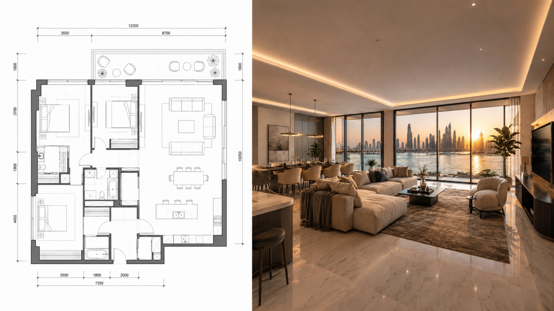 Before and after: 2D floor plan vs 3D property walkthrough visualization for Dubai developer