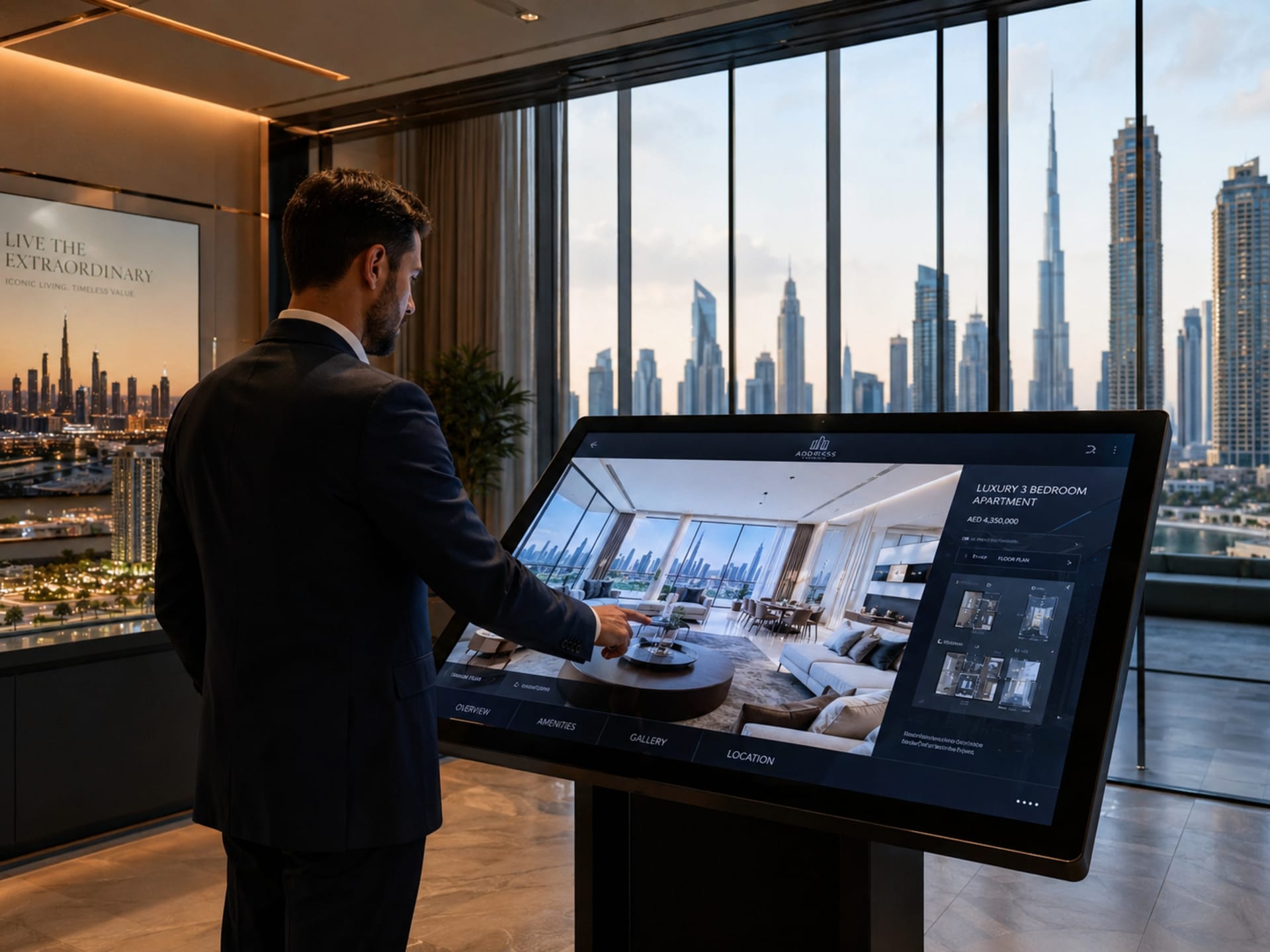 Real estate developer using 3D visualization platform at interactive sales center touchscreen