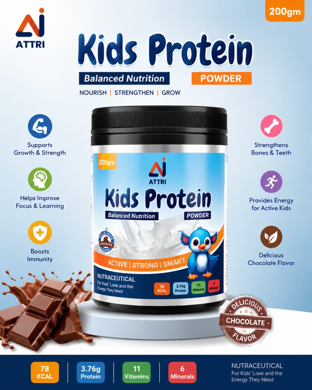 ATTRI Kids Protein Powder – Chocolate Flavour, 200 g