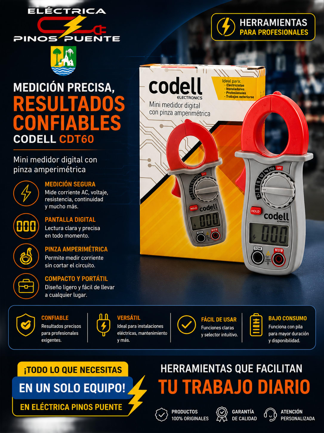 Mini Medidor Digital con Pinza Amperimétrica Codell