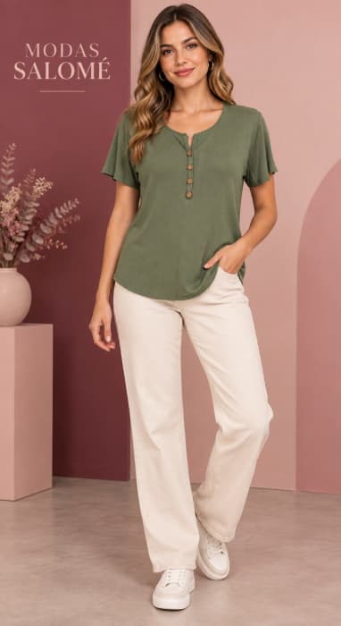 Camiseta de mujer verde oliva con botones