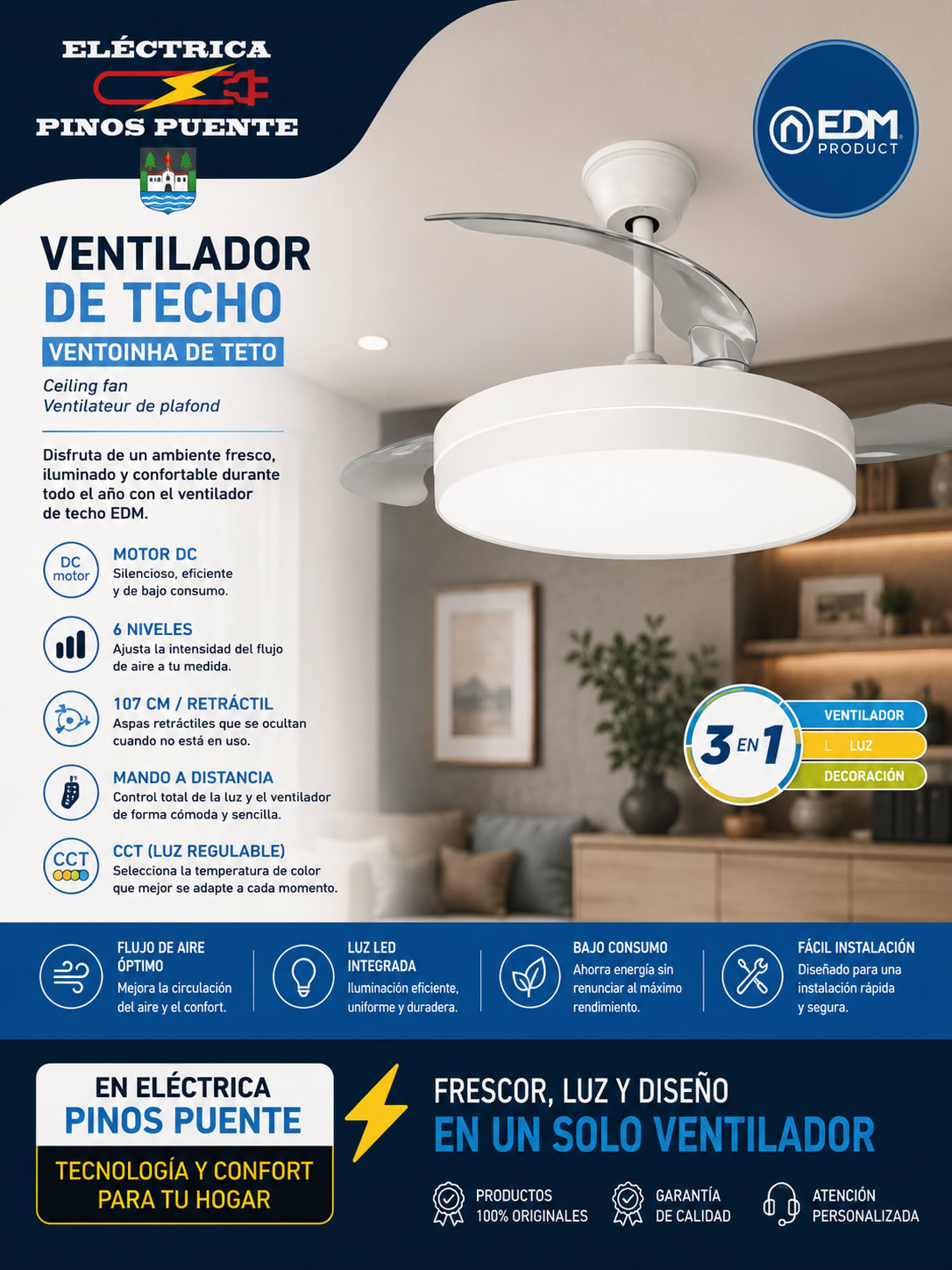 Ventilador de techo LED retráctil