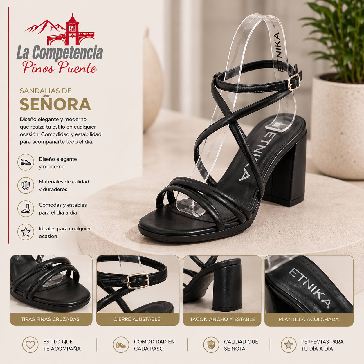 Sandalias ETNIKA de tacón en color negro con tiras finas cruzadas.