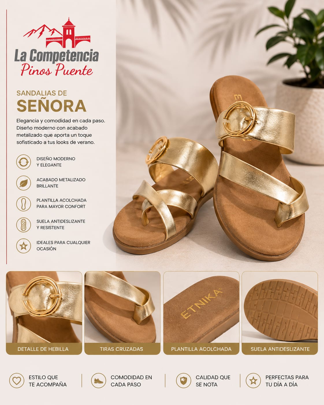 Sandalias ETNIKA en acabado metalizado dorado