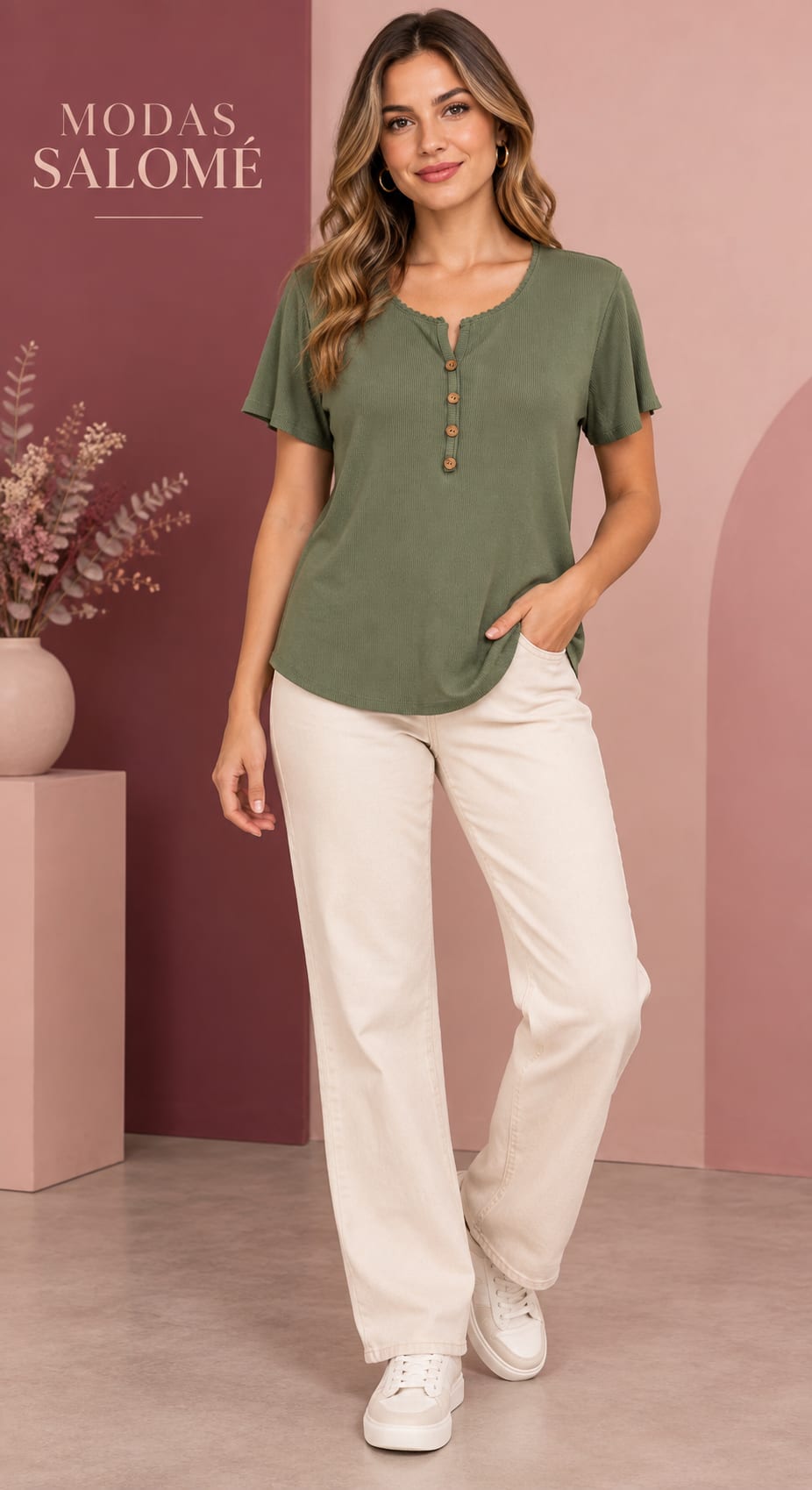 Camiseta de mujer verde oliva con botones