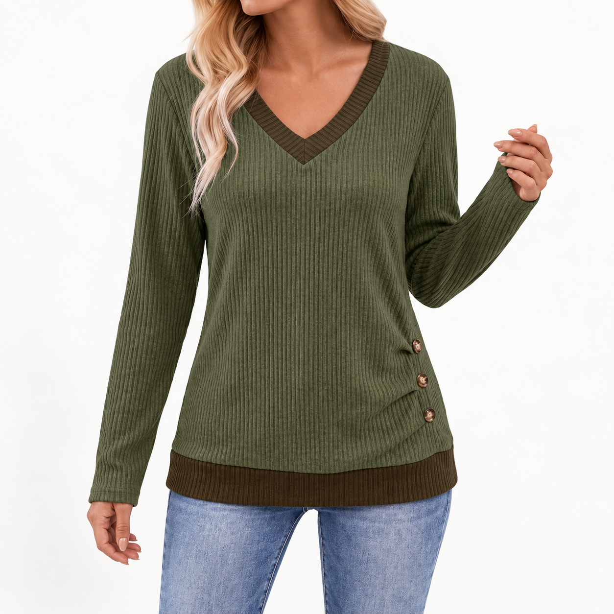 SENBATU Sudadera Mujer Cuello en V Verde Militar