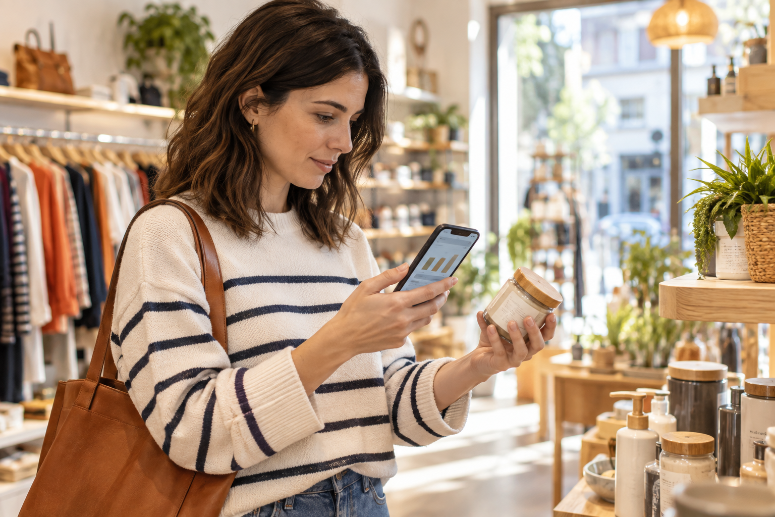 Compradora comparando el precio de un producto con información consultada en su teléfono móvil