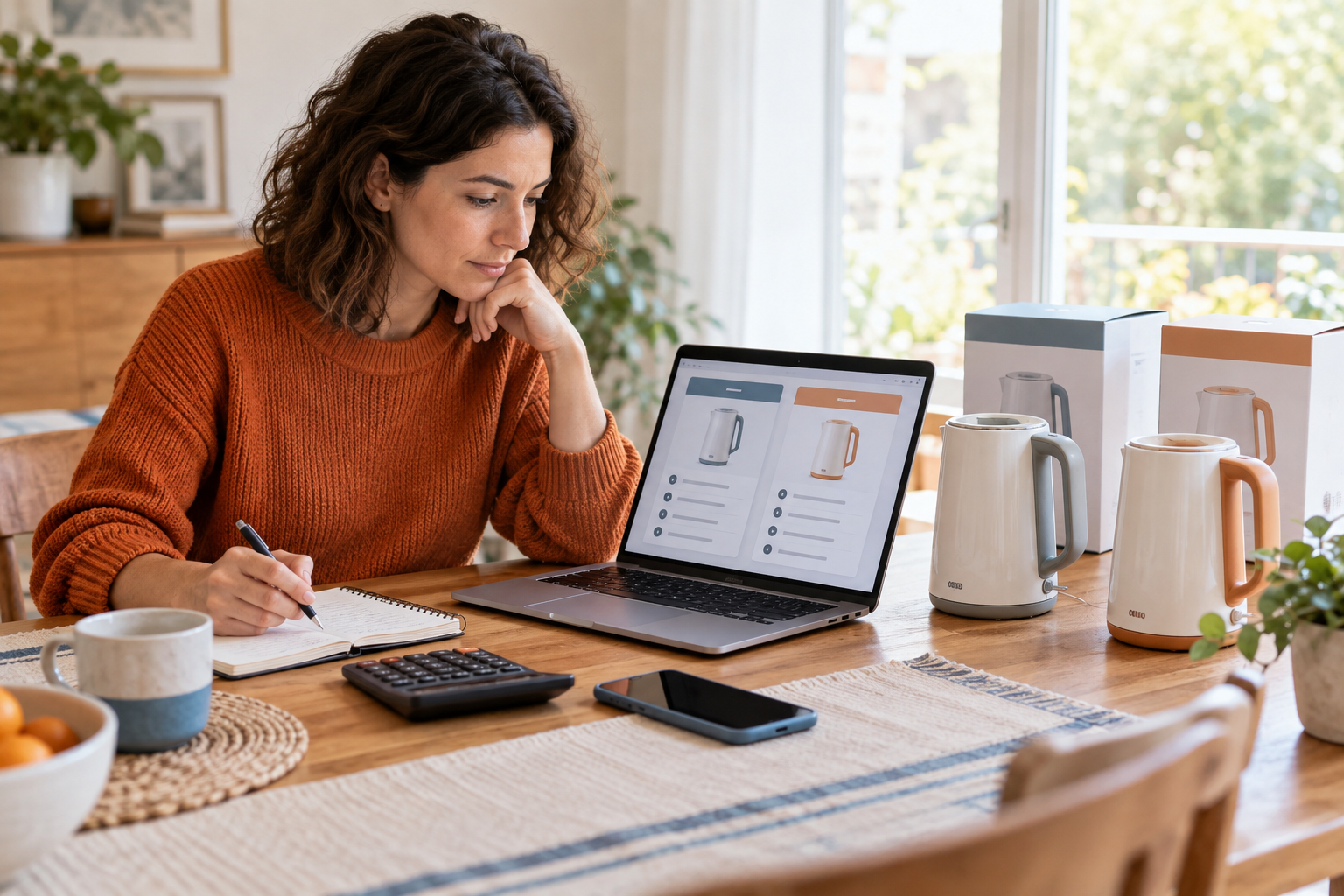Compradora comparando dos productos con ayuda de un ordenador, una calculadora y un cuaderno