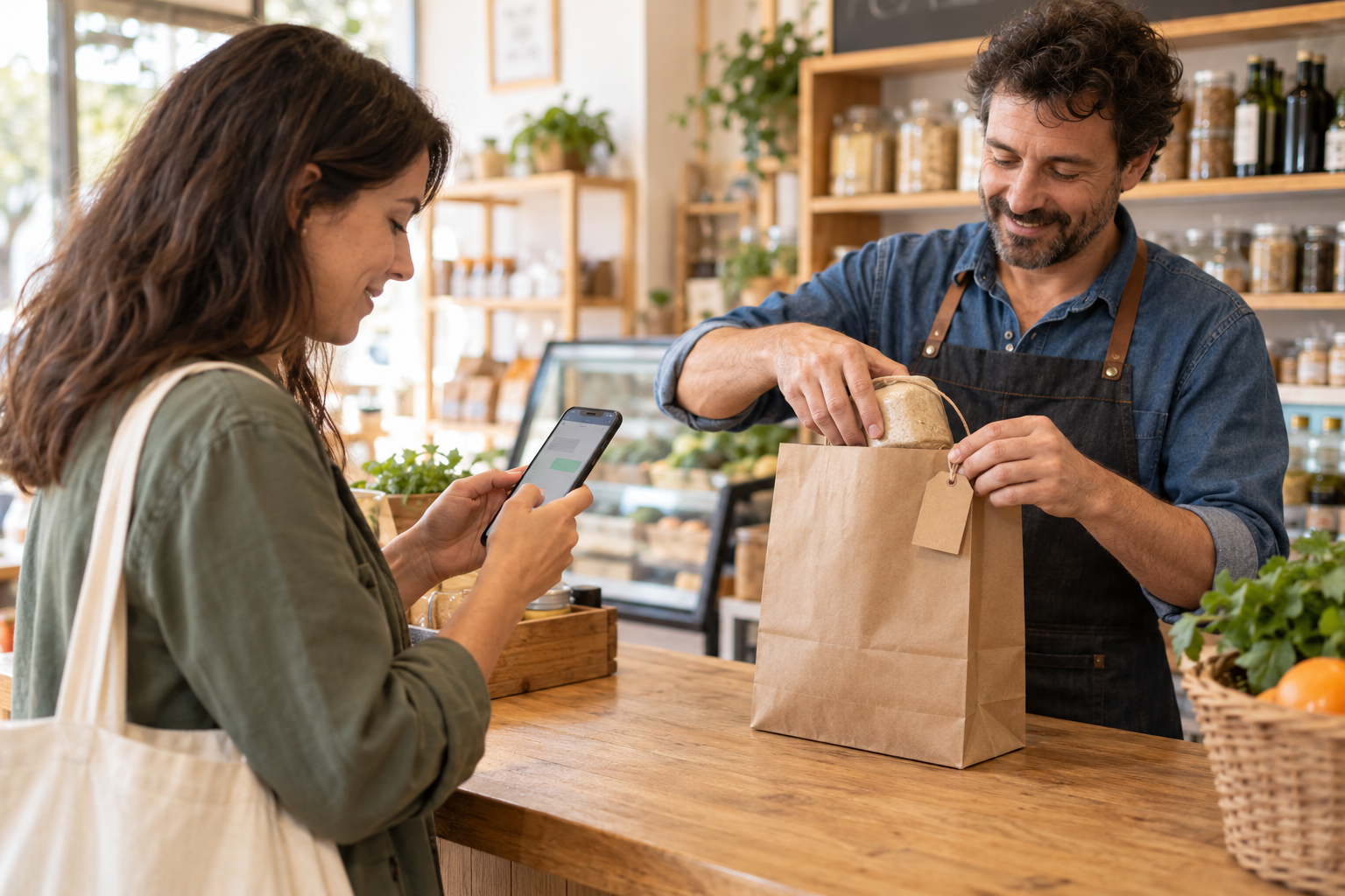 Clienta consultando una reserva desde el móvil mientras el comerciante prepara el producto para su recogida