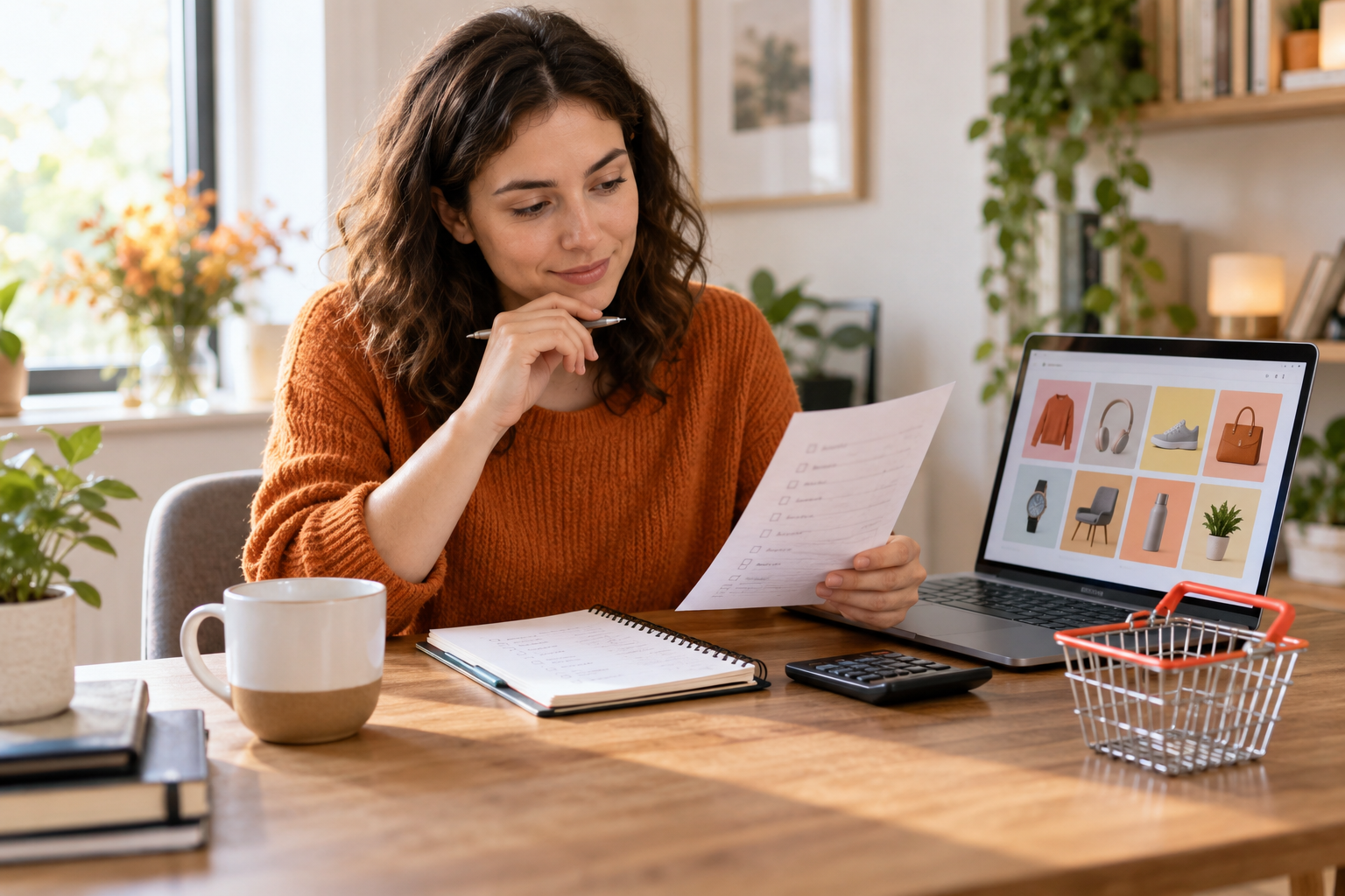 Persona revisando una lista y su presupuesto antes de comprar durante las rebajas