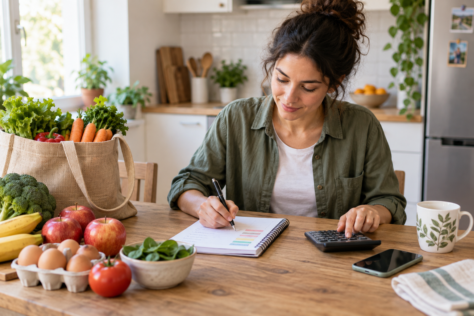 Mujer preparando una lista de la compra y calculando el presupuesto mensual
