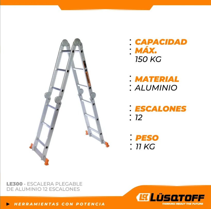 Escalera De Aluminio Plegable Lusqtoff LE300 Con 12 Escalones