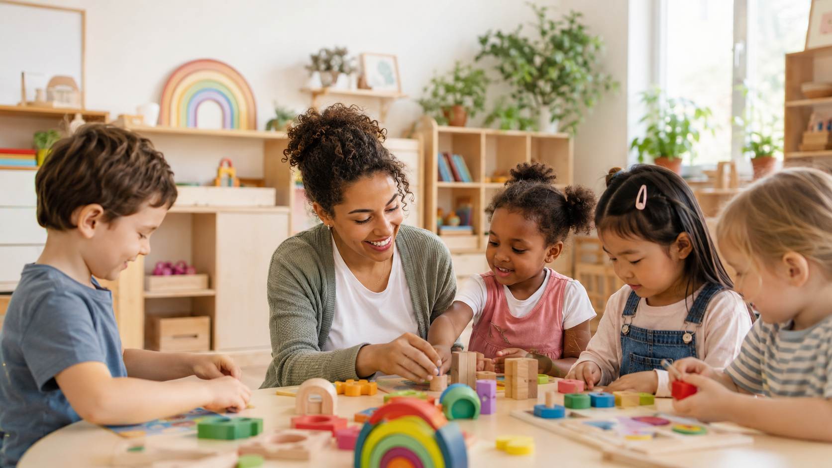 Teacher guiding children in a bright preschool classroom