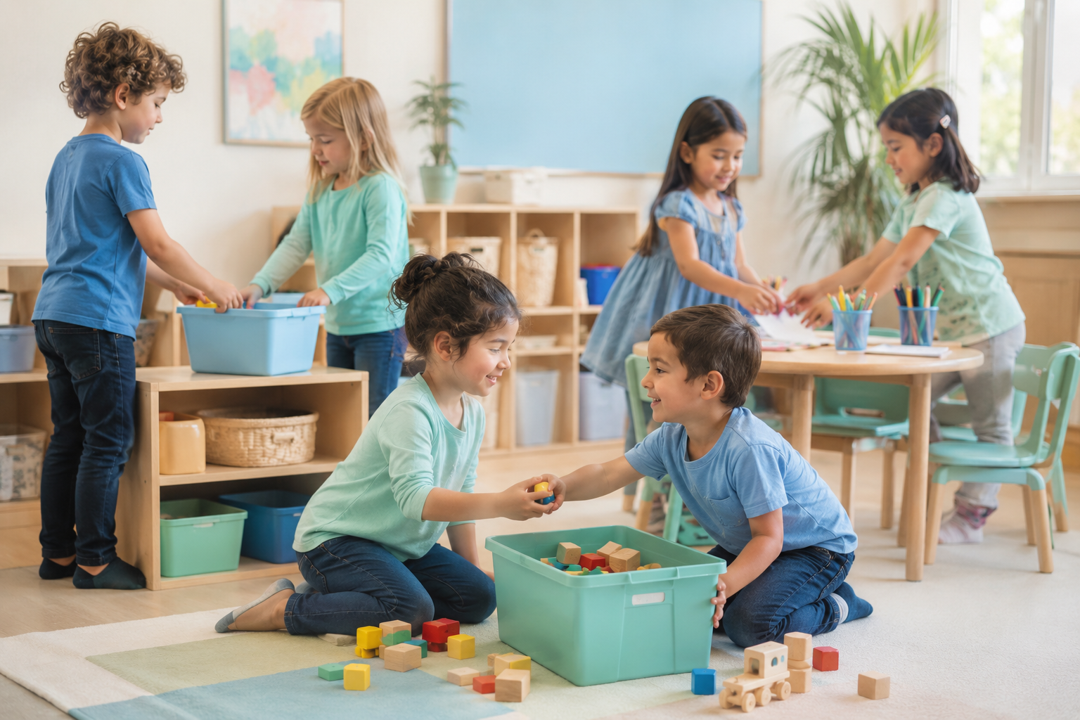 Children practicing kindness and cooperation in the classroom