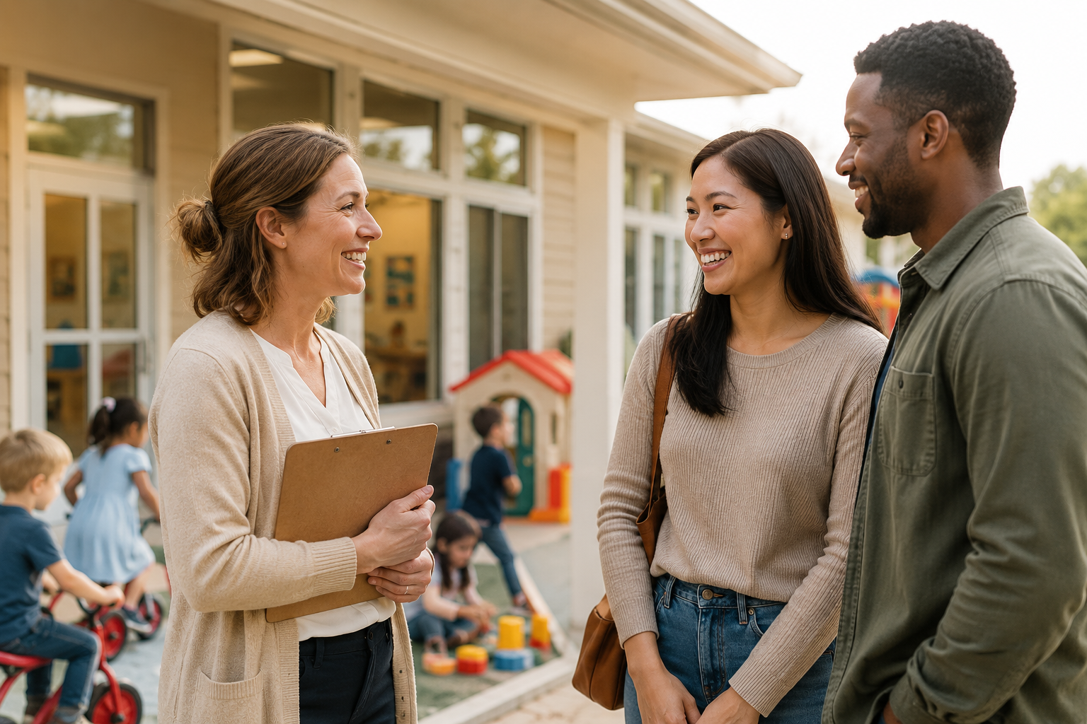 Teacher speaking with parents outside the school