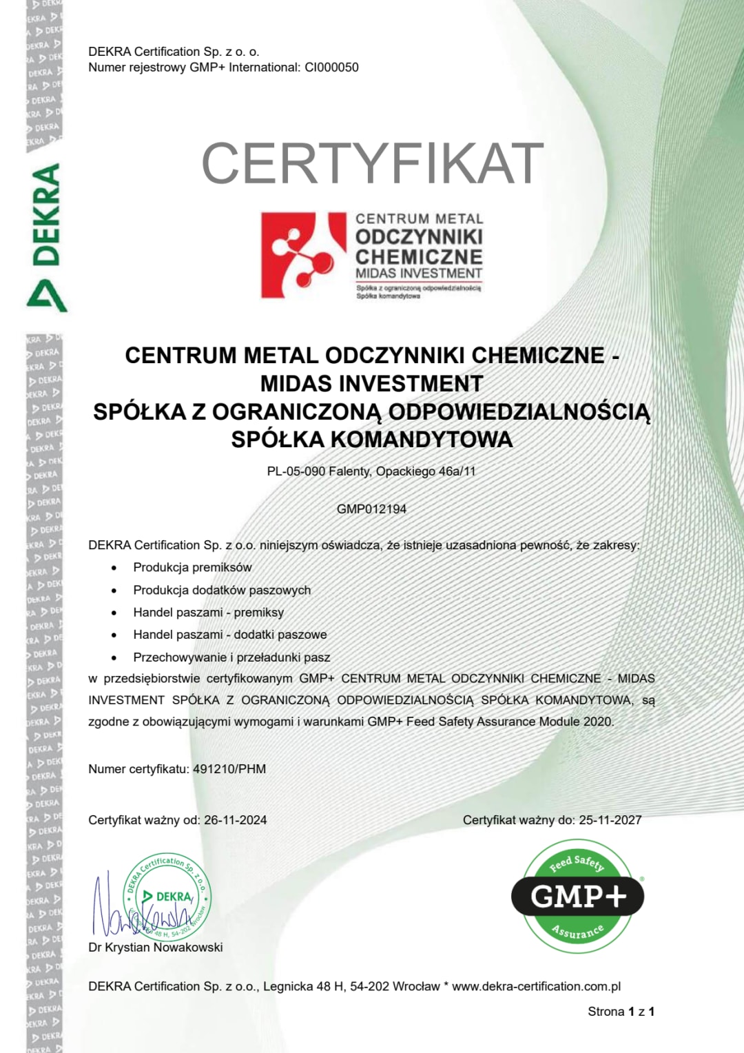 Certyfikat GMP+ CMOCMI
