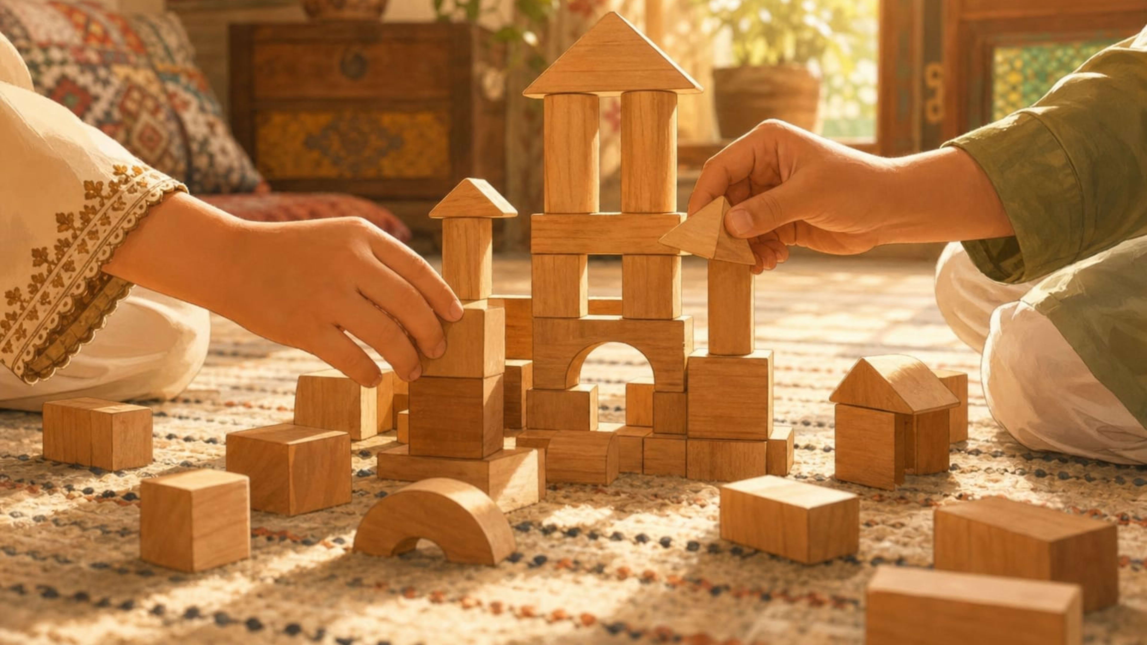Hands building with wooden blocks on a woven rug in a warm Pakistani home