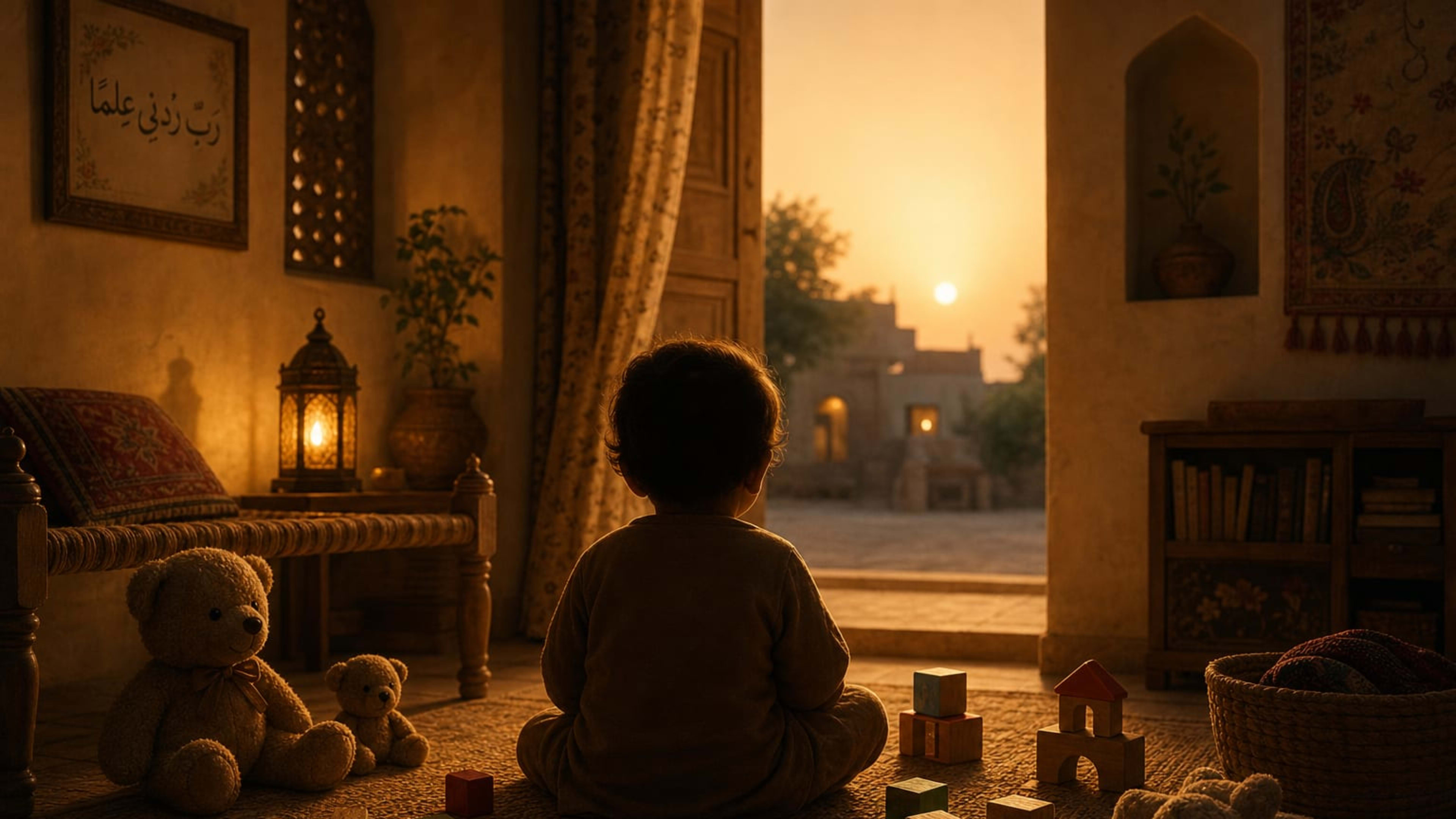 Toddler sitting calmly on a woven mat surrounded by soft toys in a warm Pakistani home