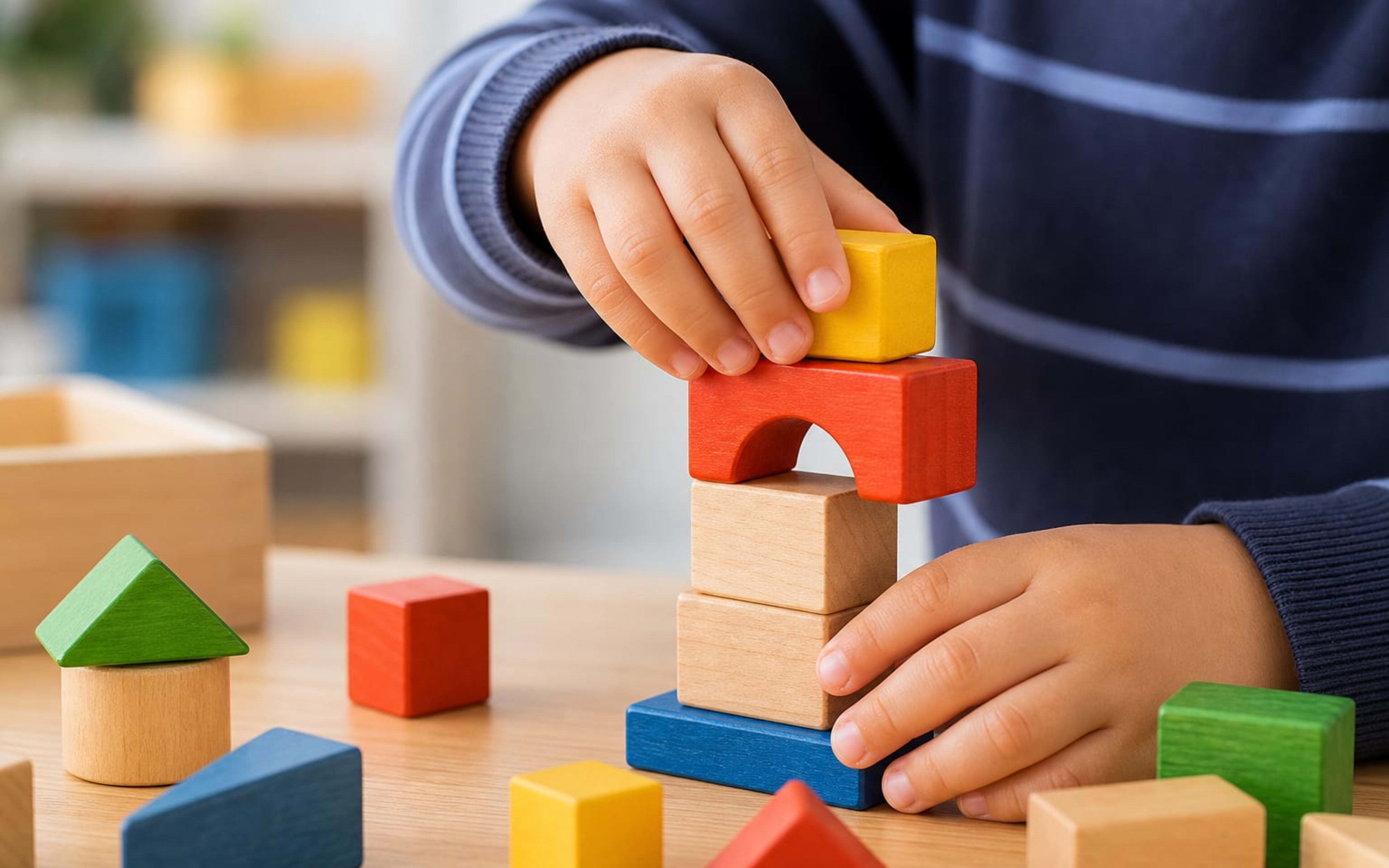 Child's hands stacking colorful wooden blocks for fine motor and language development play