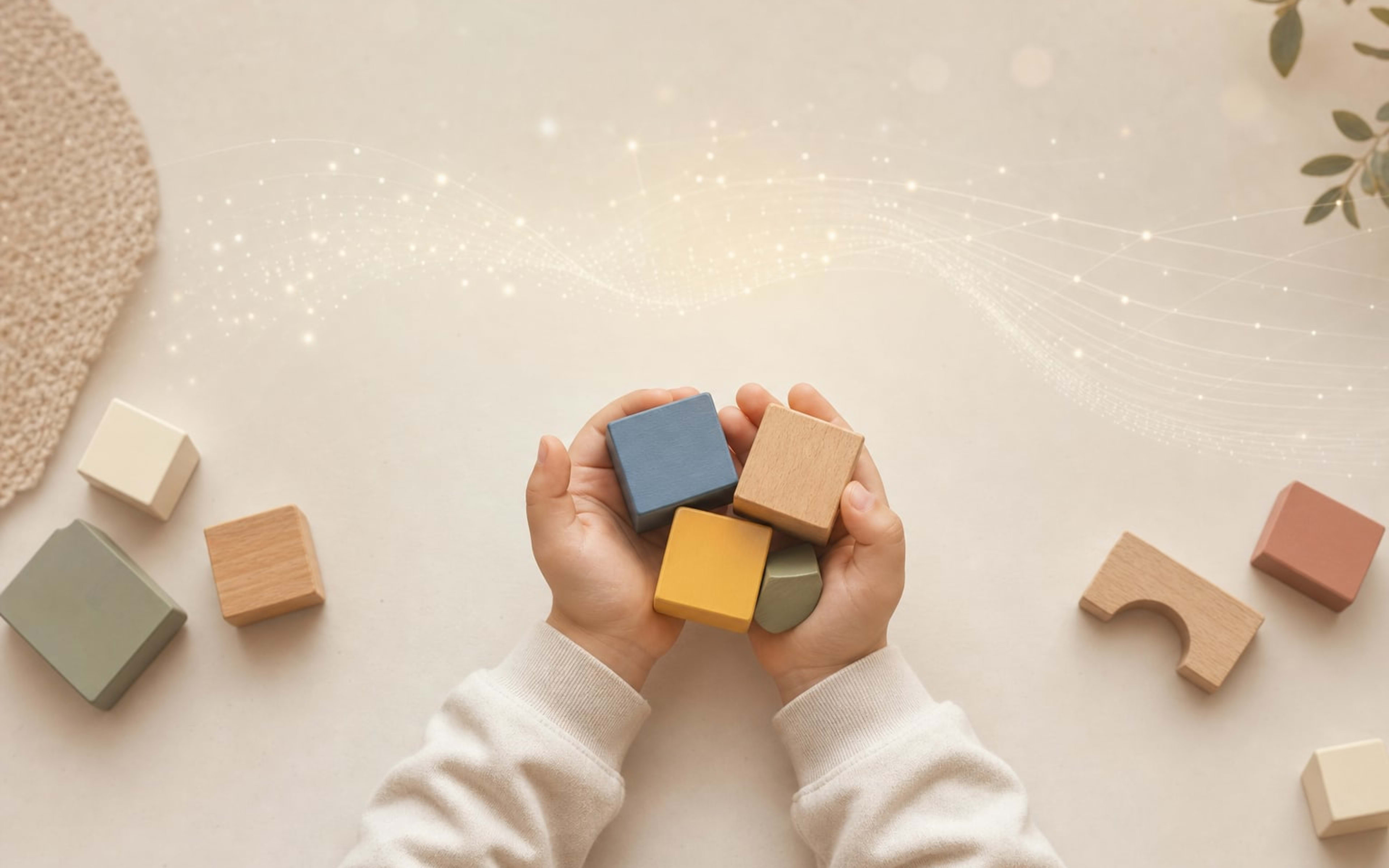 Child's hands holding colorful wooden blocks with a soft digital glow fading in the background