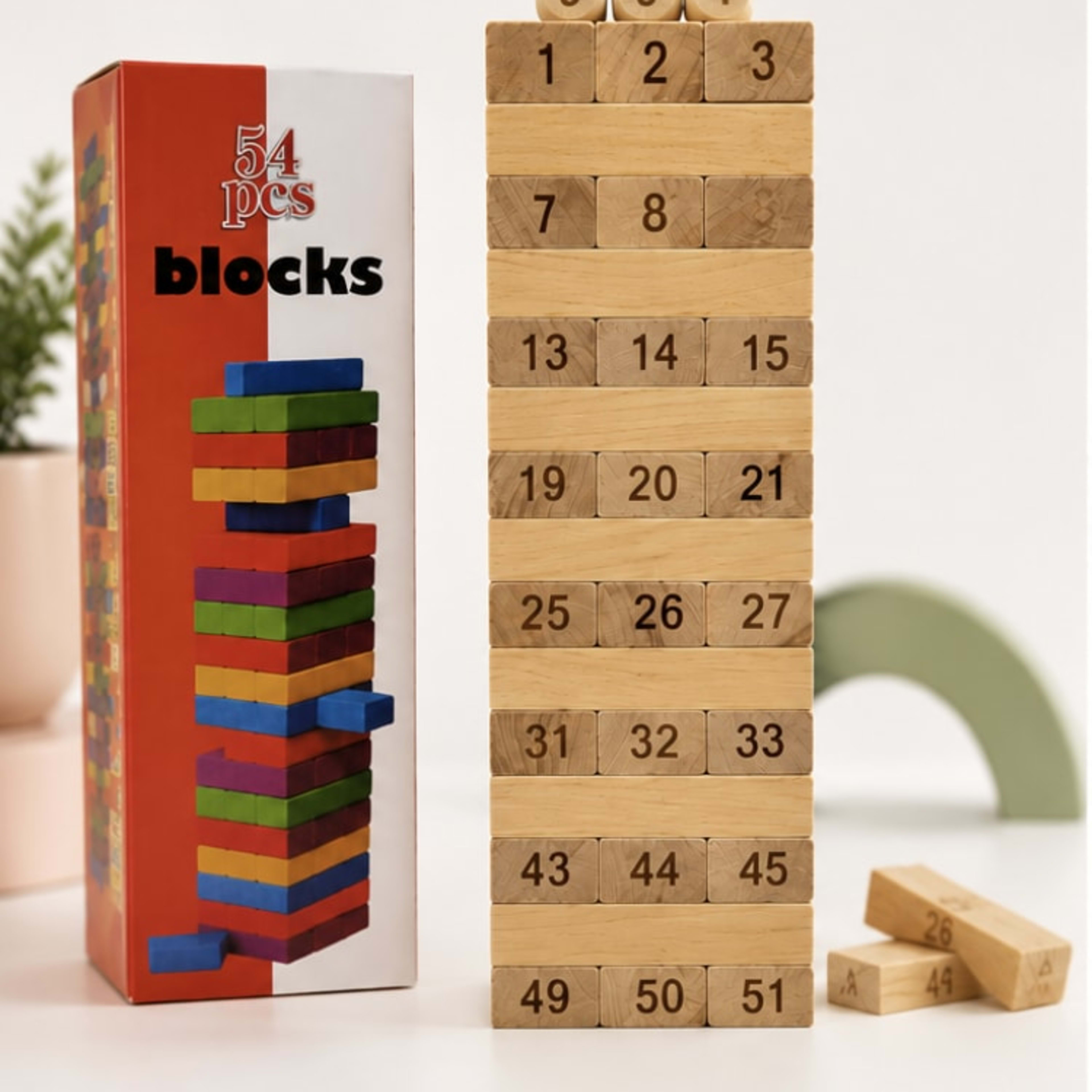 Wooden Number Tower Blocks – 54 PCS — Language educational toy for ages 3–6 yrs