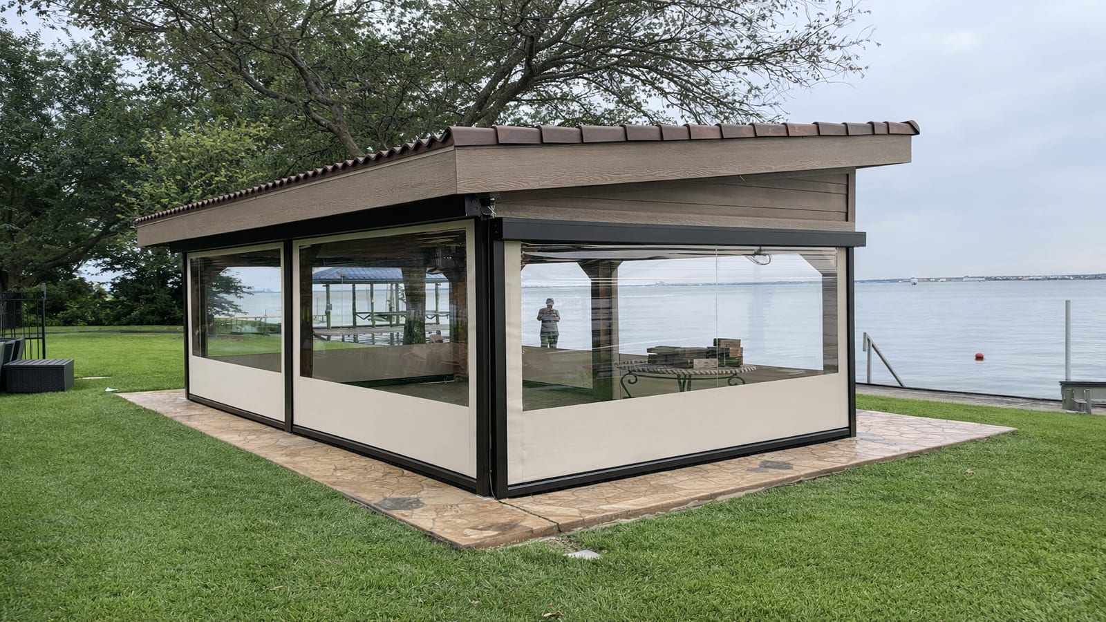 Motorized patio screen installed on pool patio in San Antonio