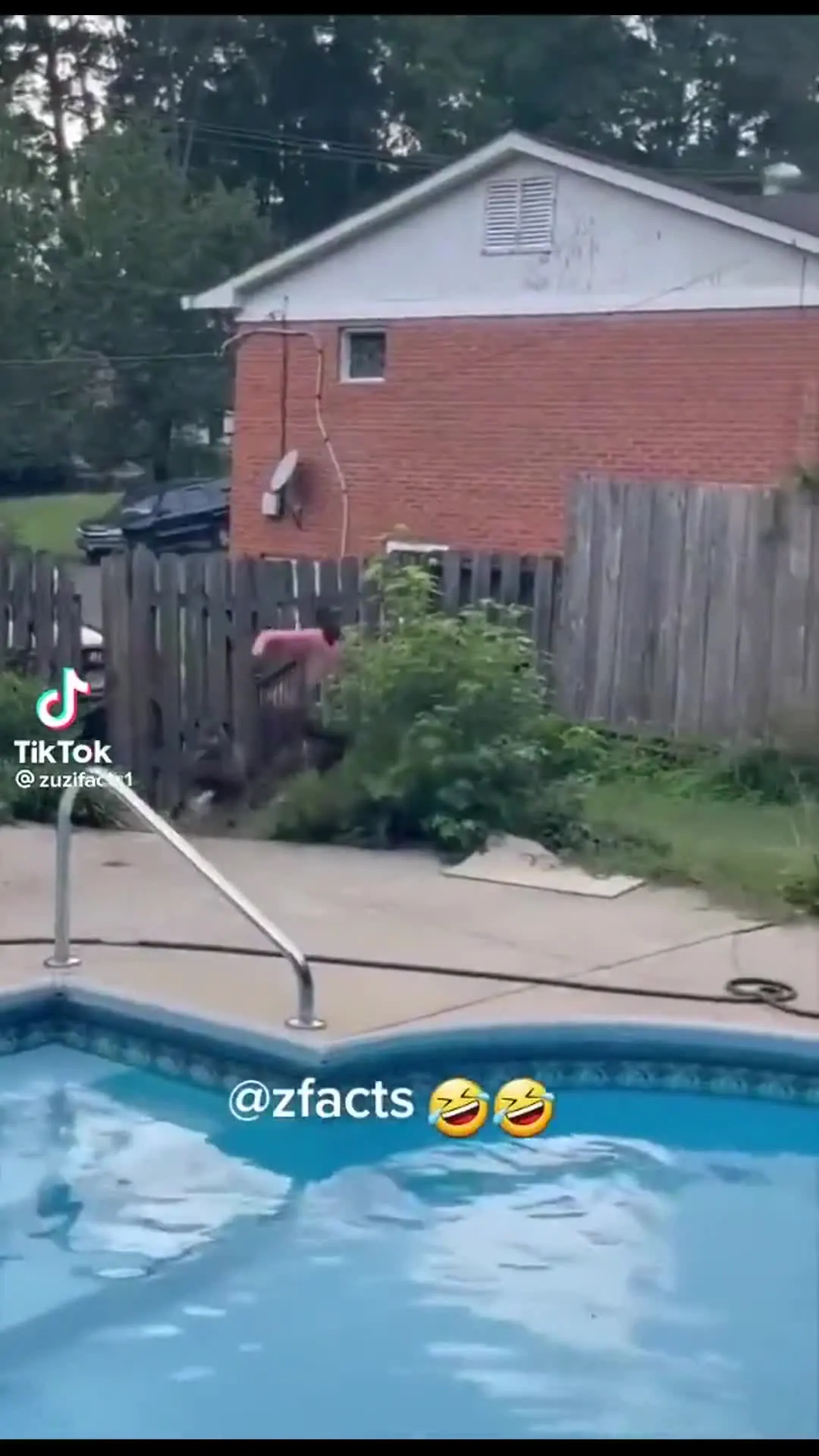 Guy fleeing through backyard trips over dog
