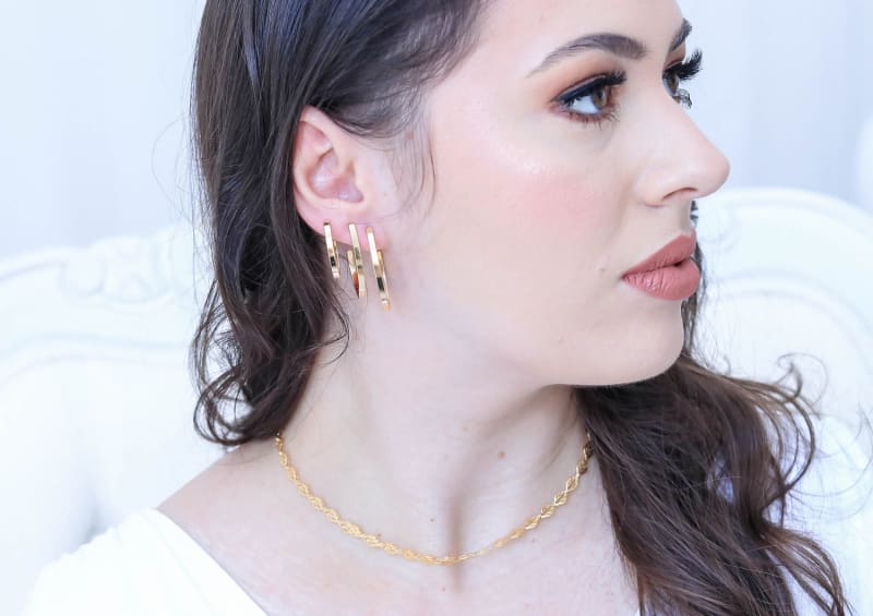 Brinco Argola Dupla Lisa Dourada Média banhada a ouro 18k — TK Semijoias