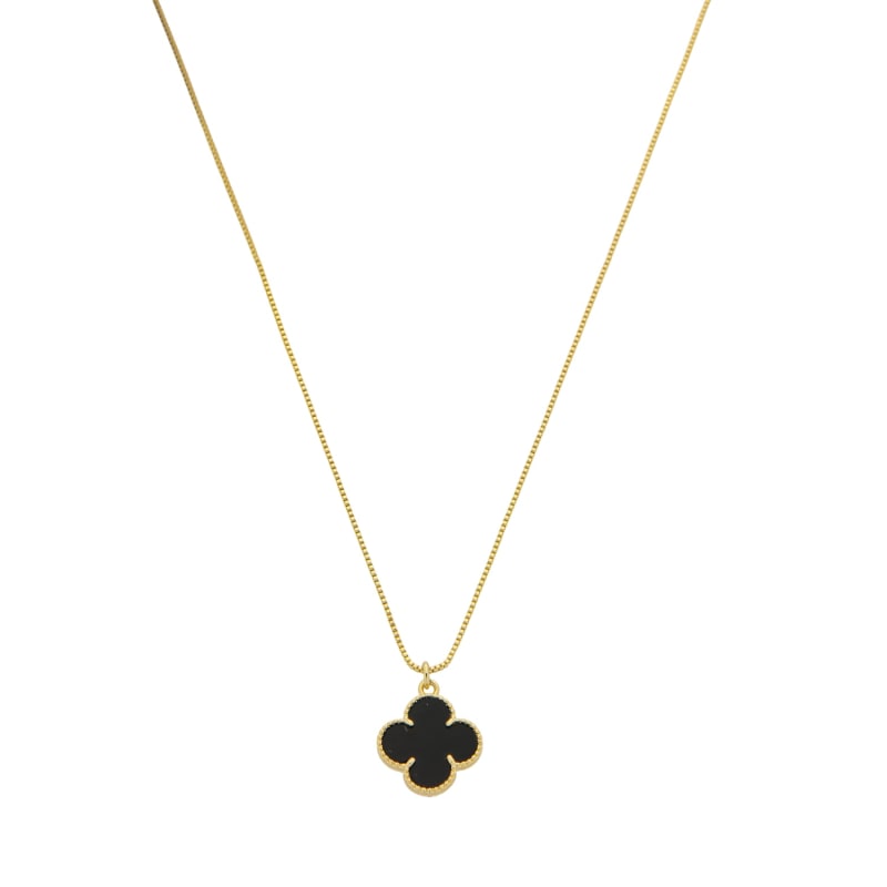 Colar Corrente Pingente Trevo Pedra Negra banhada a ouro 18k — TK Semijoias