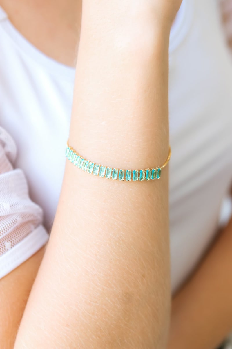Pulseira Riviera Pedras Baguette Turquesa banhada a ouro 18k — TK Semijoias