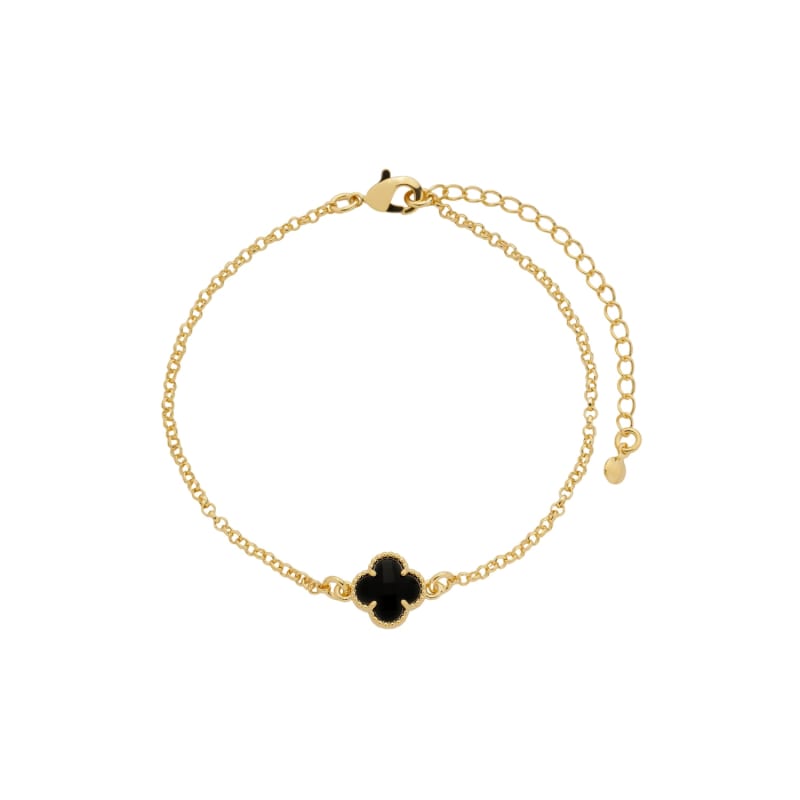 Pulseira Corrente Charm Trevo Pedra Negra banhada a ouro 18k — TK Semijoias