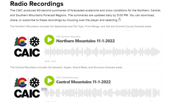 The CAIC produces 60 second radio recordings every day