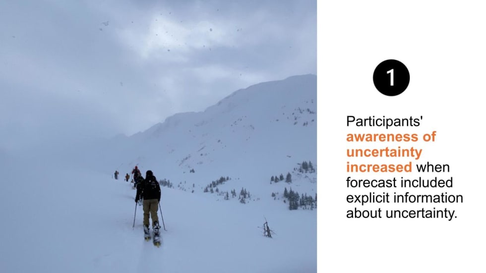 A slide from the presentation, showing a skier descending a snow slope beside the question of how forecast uncertainty is understood.